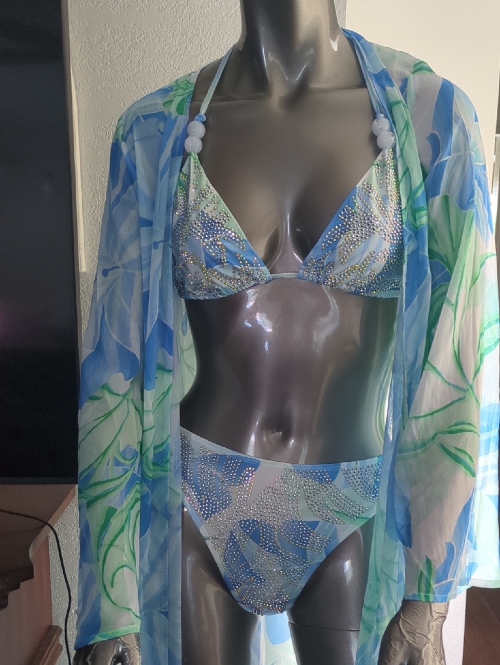 Banjul Blue & Green Rhinestone Triangle Bikini Set with Sheer Cover-Up